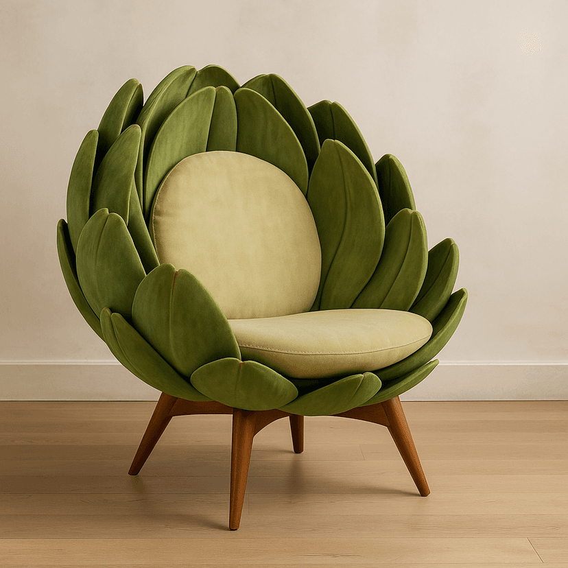 Artichoke Lounge Chair - En unik och elegant loungefåtölj inspirerad av en kronärtskocka. Fåtöljen har mjuka, gröna bladformade kuddar och bekväma mid-century moderna träben.